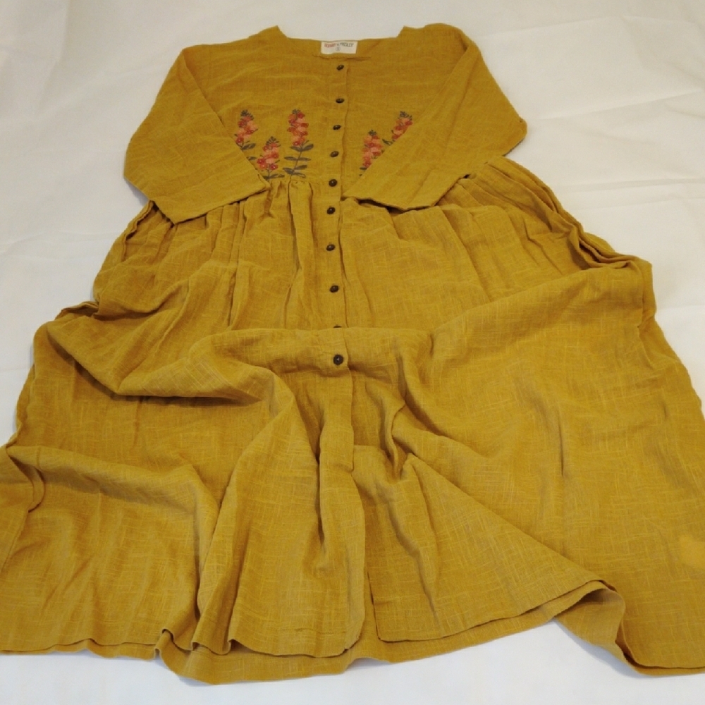 Bombay Paisley. Mustard Color 3/4 Sleeve Dress With Floral Embroidery